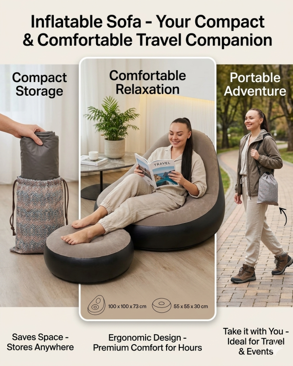 Inflatable Sofa & Ottoman Set (100 x 73 cm) – Ergonomic, Portable & Compact Lounge Chair for Home, Travel, and Camping p
