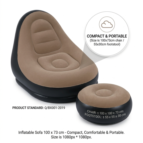 Inflatable Sofa & Ottoman Set (100 x 73 cm) – Ergonomic, Portable & Compact Lounge Chair for Home, Travel, and Camping