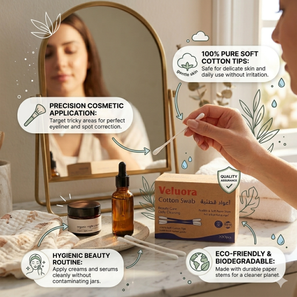 Veluora Cotton Swabs 200 Pieces – 100% Pure Soft Cotton Buds with Eco-Friendly Paper Sticks, Biodegradable & Safe for Beauty Care & Daily Cleaning