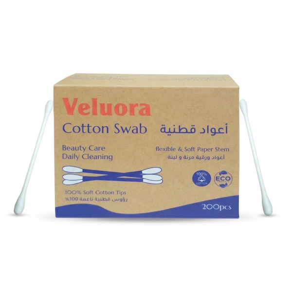 Veluora Cotton Swabs 200 Pieces – 100% Pure Soft Cotton Buds with Eco-Friendly Paper Sticks, Biodegradable & Safe for Beauty Care & Daily Cleaning