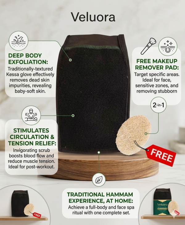 Veluora Moroccan Bath Glove & Free Makeup Remover Exfoliating Pad – Authentic Kessa Scrub Mitt for Deep Exfoliation, Dead Skin Remover