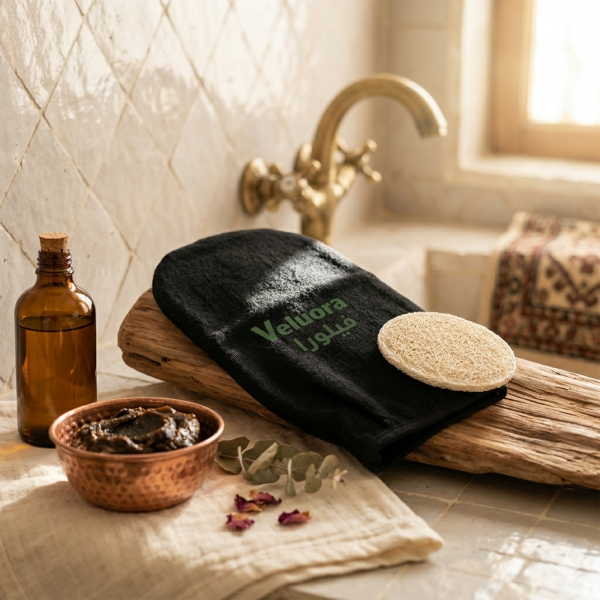 Veluora Moroccan Bath Glove & Free Makeup Remover Exfoliating Pad – Authentic Kessa Scrub Mitt for Deep Exfoliation, Dead Skin Remover