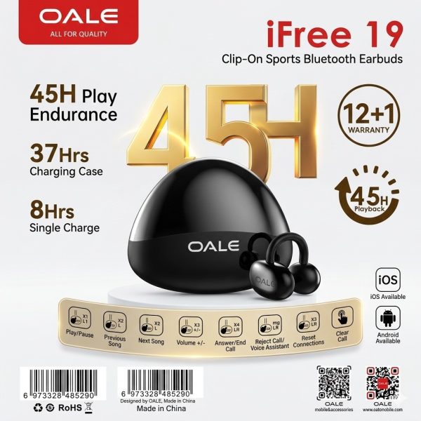oale 19 OALE iFree19 True Wireless EarClip Bluetooth Earbuds 45hours